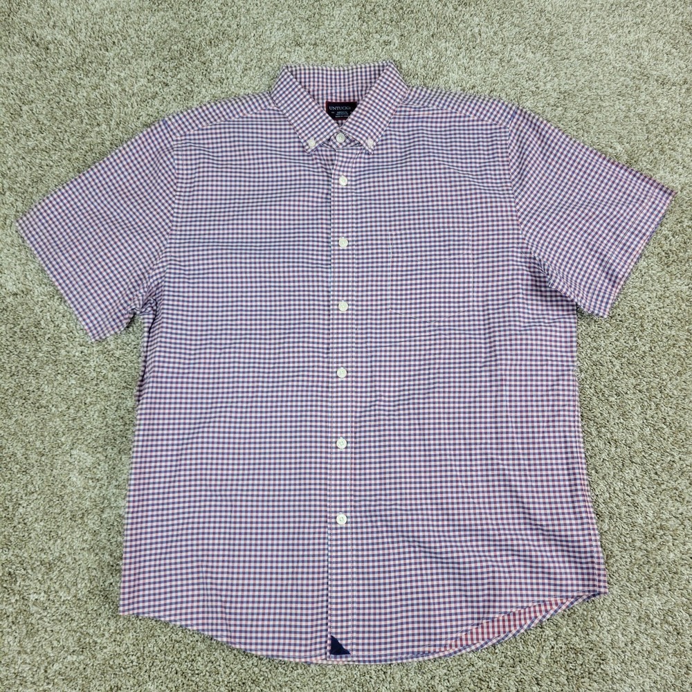 Untuckit Mens Medium Red White Blue Gingham Check Button Down Short Sleeve - Picture 2 of 5